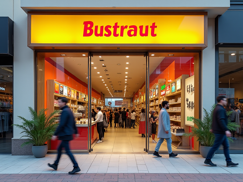 Storefront of 'Bustraut' shop with illuminated sign, bustling interior visible, shoppers and pedestrians passing by.