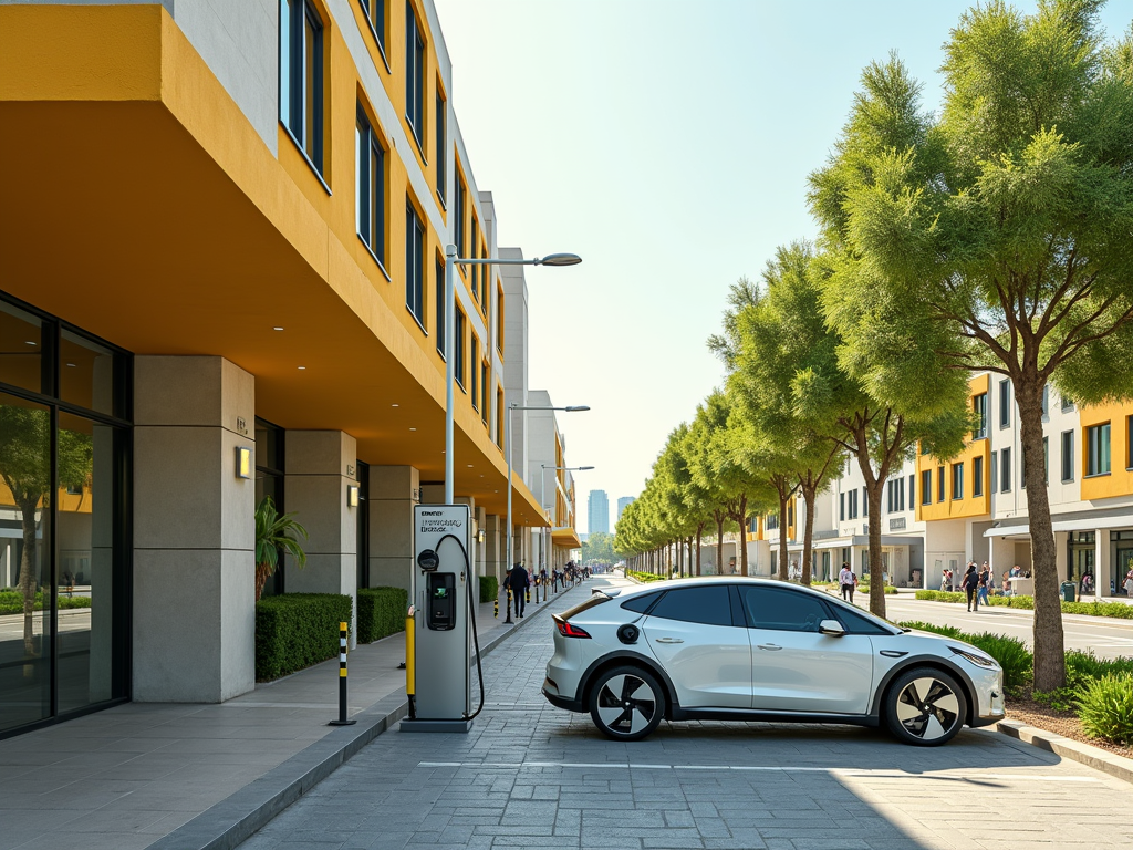 A modern electric vehicle charging at a station beside a contemporary building lined with trees and pedestrians.