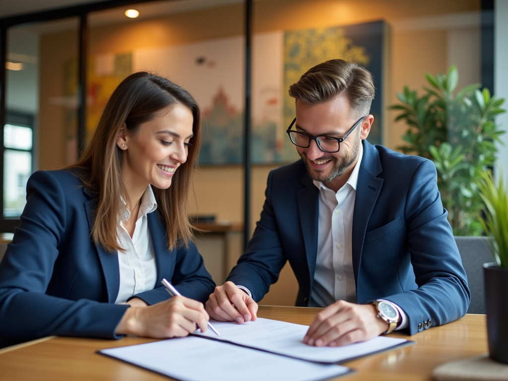 Two professionals, a man and a woman, smiling while collaborating on documents in a modern office.