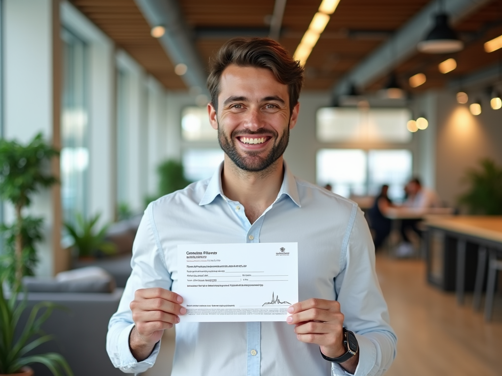 Smiling man in office holding a certificate.