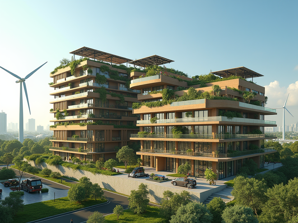 Modern eco-friendly buildings surrounded by greenery and wind turbines, showcasing sustainable architecture.