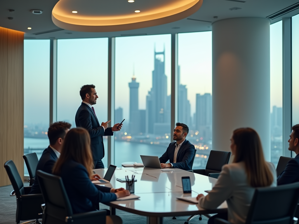 Businessman presenting to colleagues in a modern office with a cityscape view.