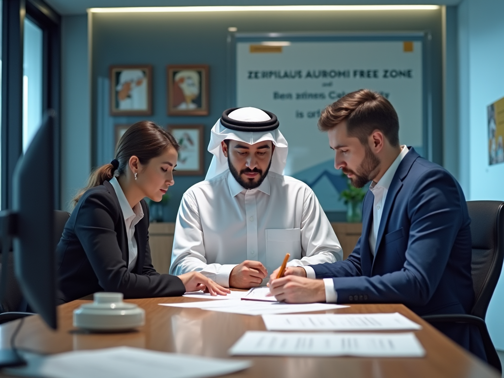 Three business professionals, a woman and two men, examining documents at a meeting table.