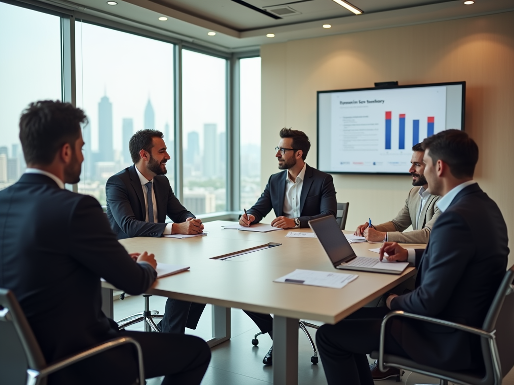 Five businessmen in a meeting, discussing charts on a projection, in a high-rise office overlooking the city.