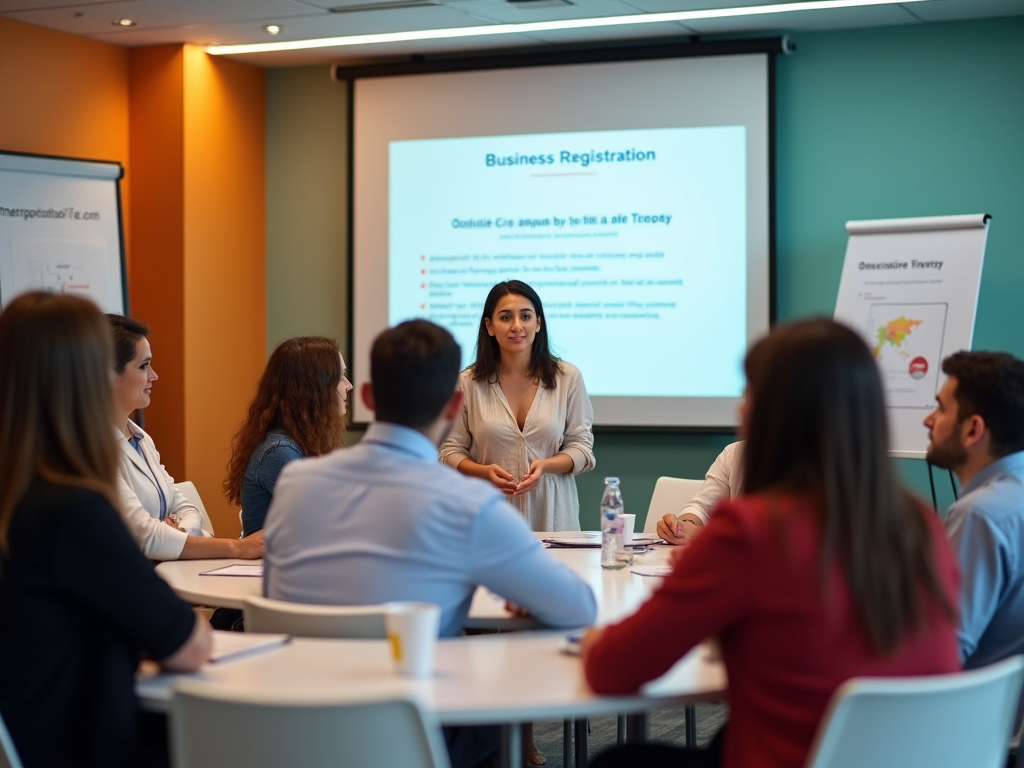 A businesswoman presenting at a conference table with a "Business Registration" slide in the background.