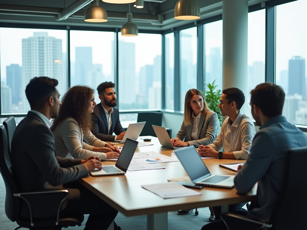 Business professionals discussing in a meeting room with cityscape background.