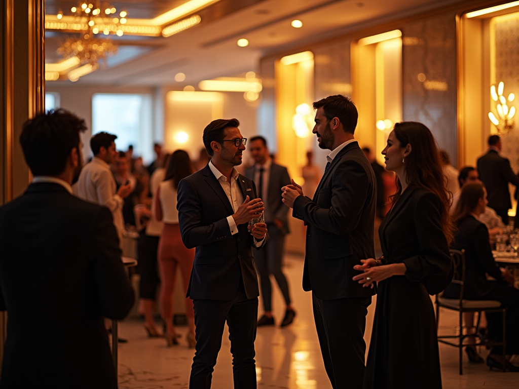 People conversing in a luxurious, warmly lit event hall with elegant decor.