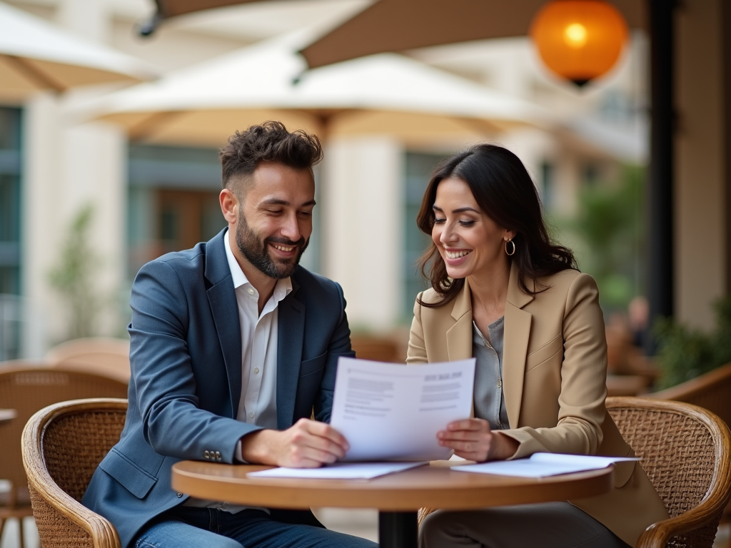 Two professionals smiling and discussing documents at a café table.