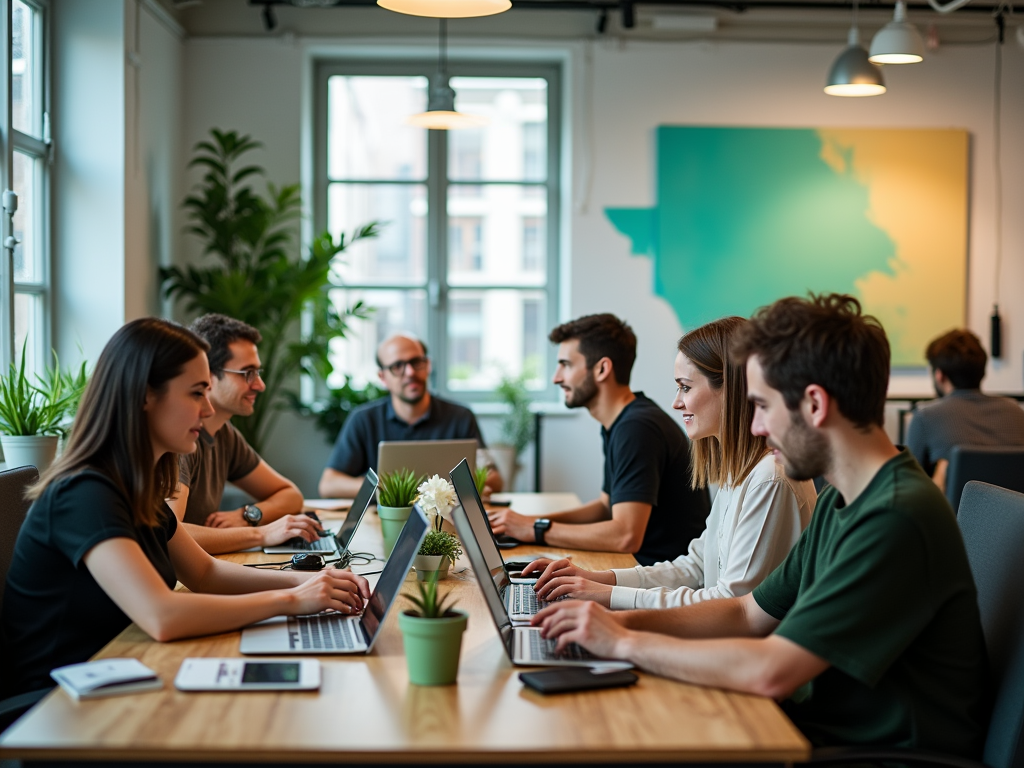 Team of professionals working and discussing in a modern office setting.