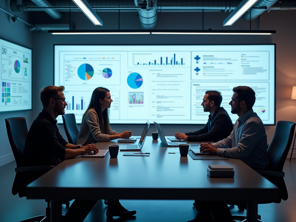 A business meeting with four professionals discussing data in a modern conference room with digital displays.