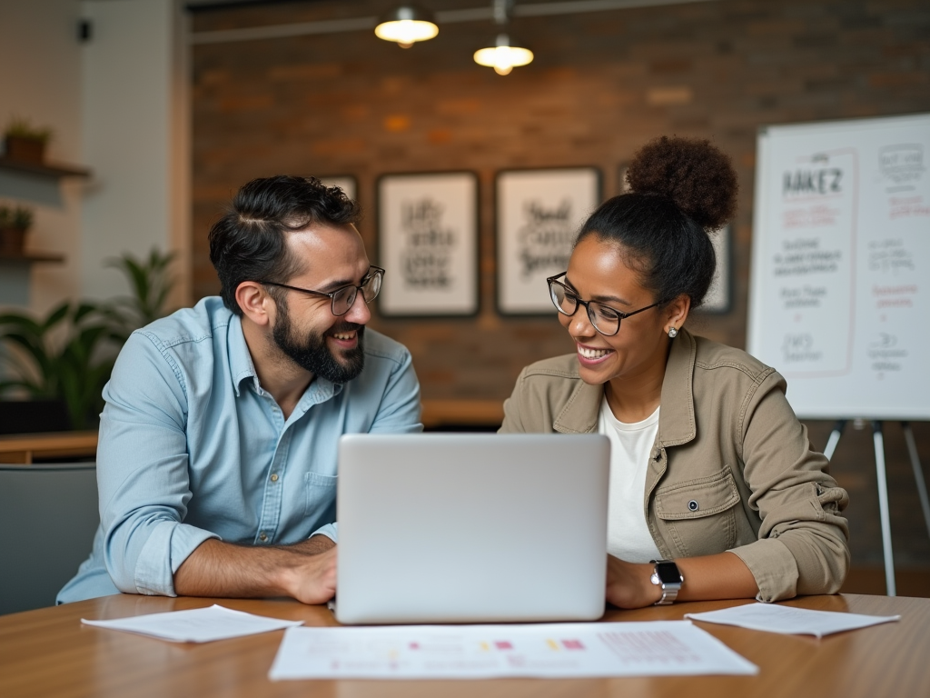 Two colleagues smiling and discussing over a laptop in a modern office setting.