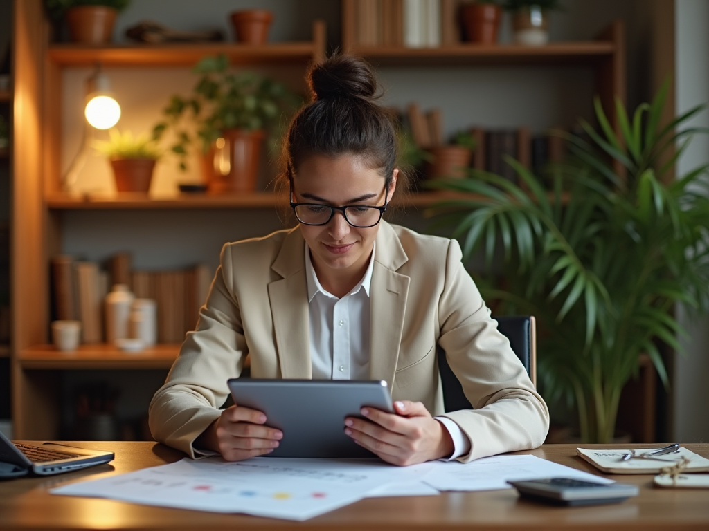 Woman in beige suit analyzing data on tablet in cozy, plant-filled office space.