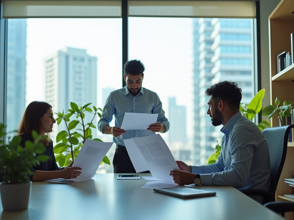 Three colleagues collaborate on documents in a modern office with cityscape views.