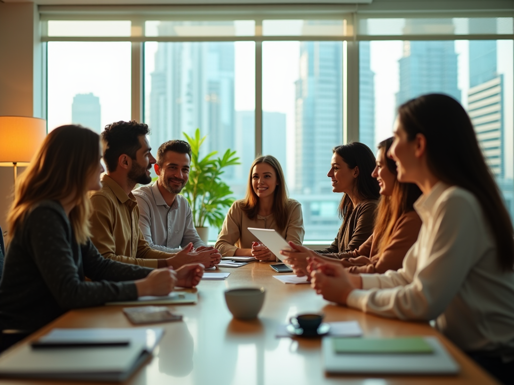 Diverse group of professionals in a meeting with city skyline in the background.