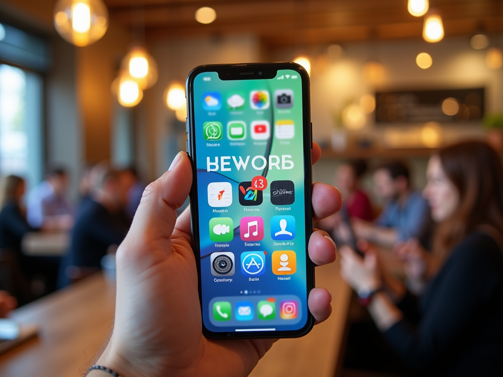 Hand holding smartphone with screen visible, displaying various apps, in a busy cafe setting.