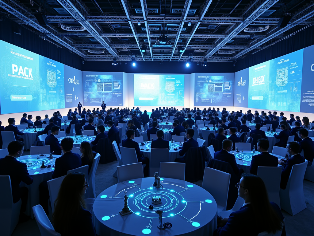 Audience attending a tech conference with illuminated tables and digital screens displaying content.