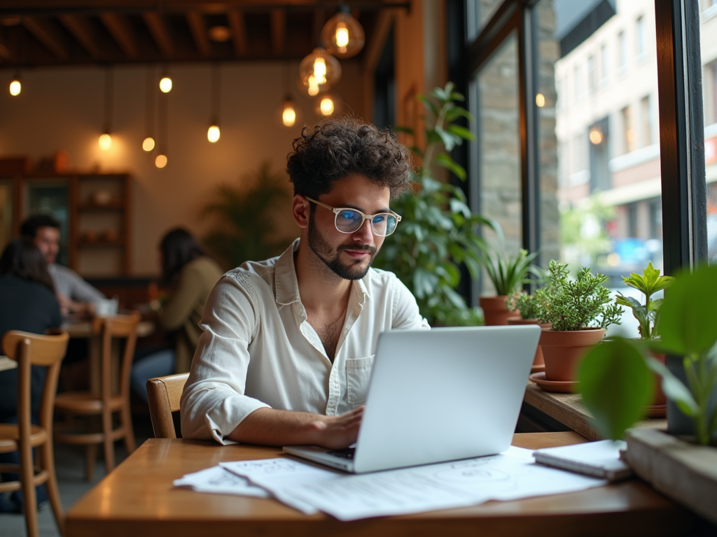 A young man with curly hair and glasses works intently on a laptop in a cozy café surrounded by plants.