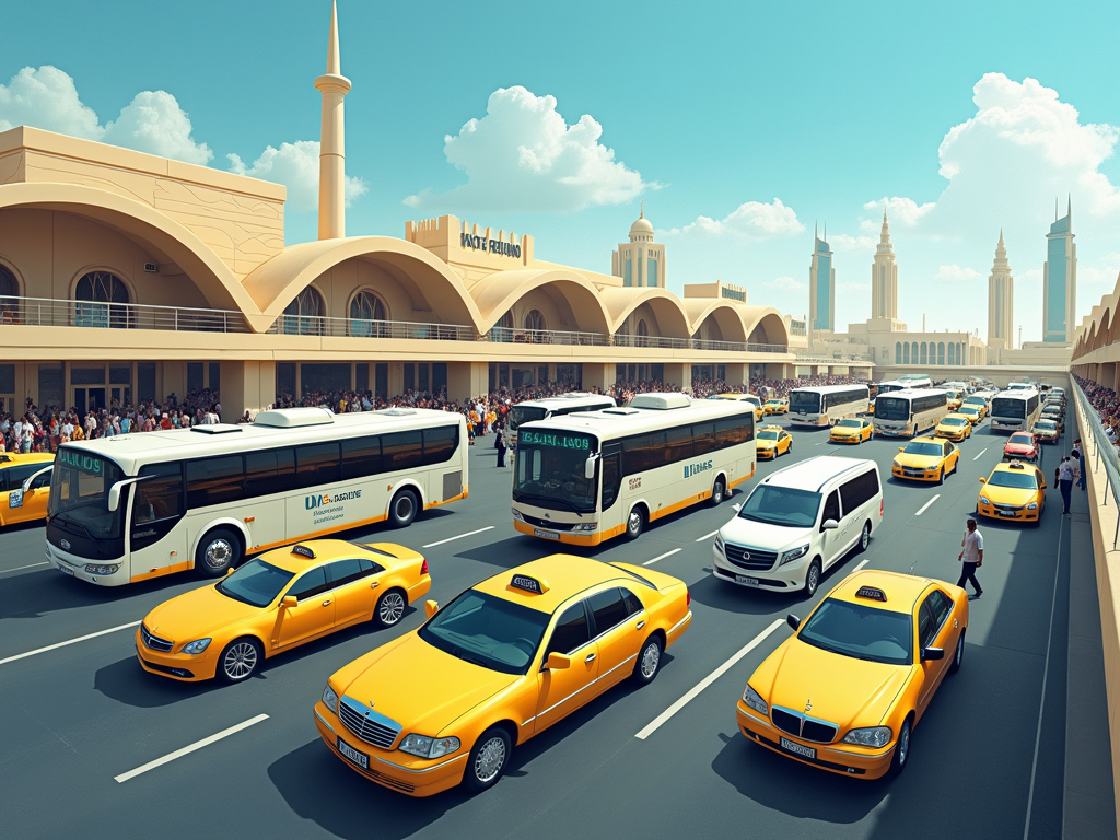 Bustling transportation scene with yellow taxis and buses outside a large Middle-Eastern styled building.