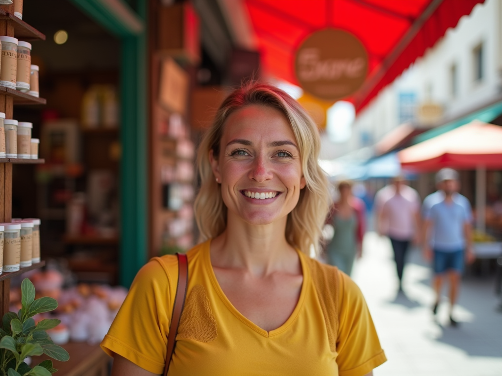 Smiling woman in yellow top at a vibrant outdoor market, with shelves of products in the background.