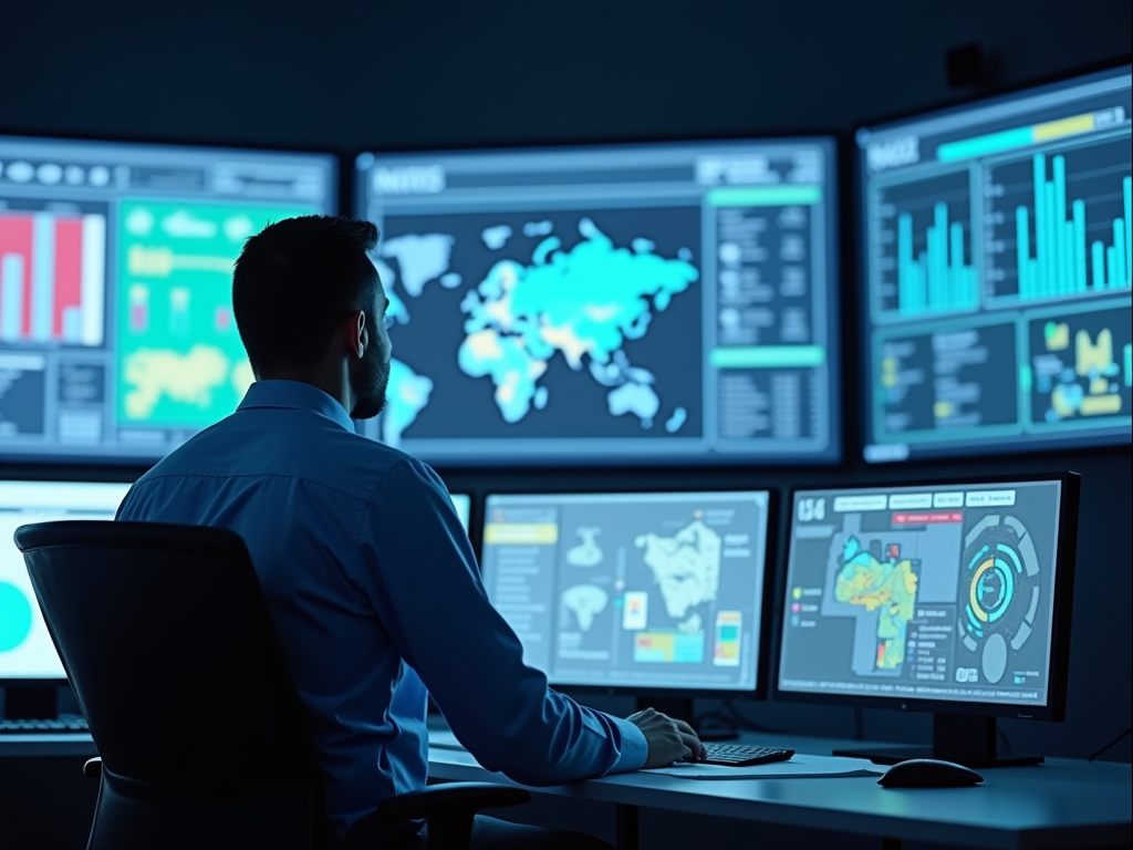 A person sits at a desk, analyzing data on multiple computer screens in a dimly lit control room.