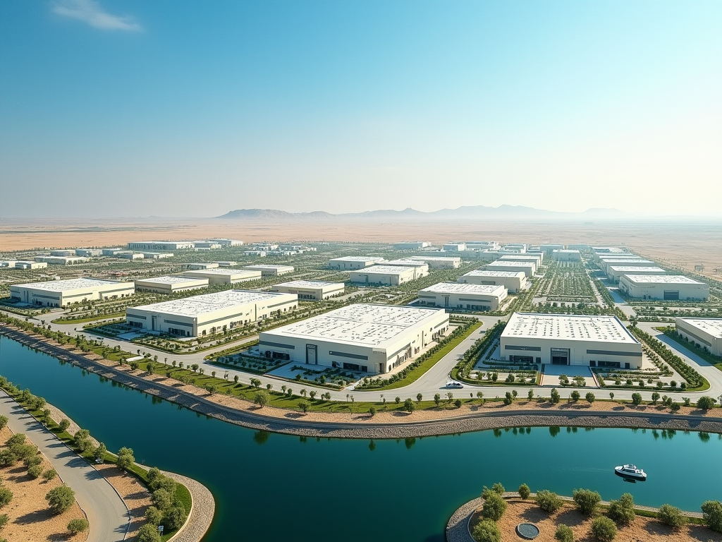 Aerial view of an industrial park with modern, white buildings near a curved river, surrounded by arid landscape.