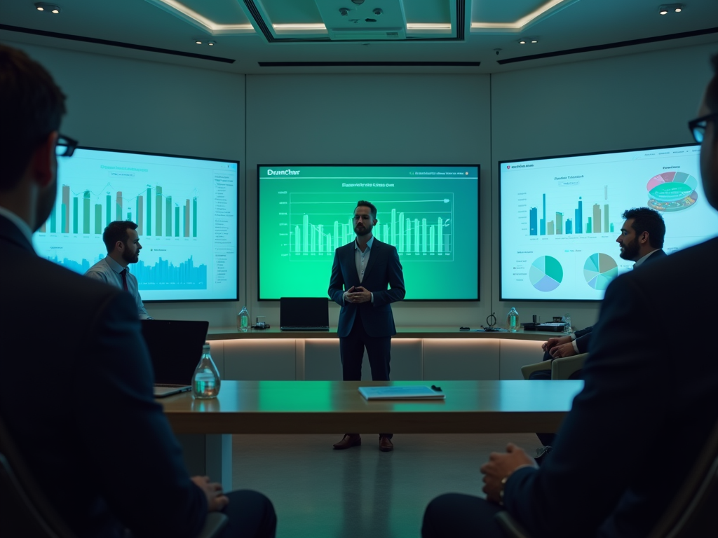 Man presenting financial updates to colleagues in a modern meeting room with digital displays.