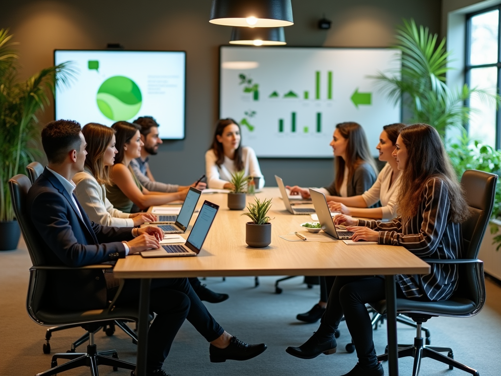 Team of professionals in a business meeting with laptops, discussing over financial data on screens.