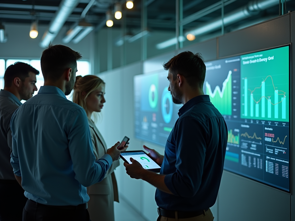 A group of professionals discussing data analysis in front of digital displays showing graphs and statistics.