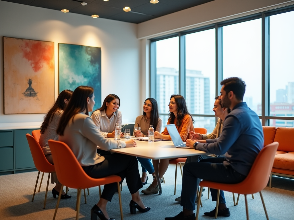 Group of six professionals discussing around a table in a brightly-lit office with city view.