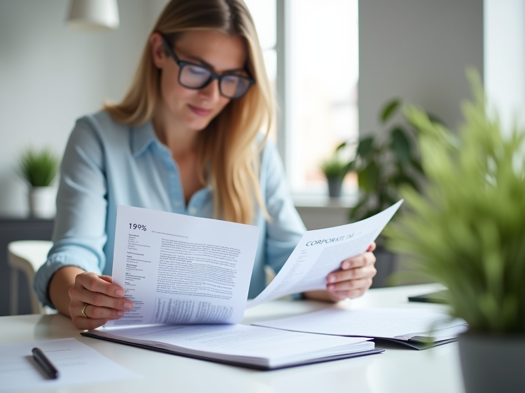 Businesswoman with glasses reading documents at her office desk.