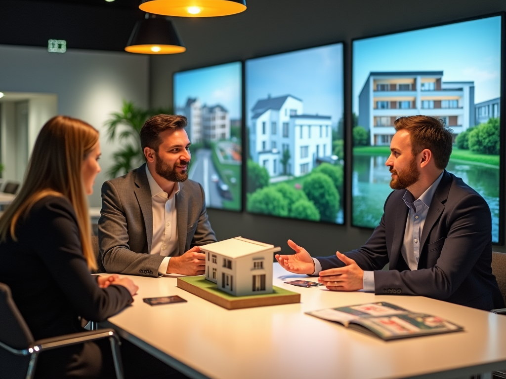 Three professionals discussing a model home in a modern office with large windows showing residential buildings.