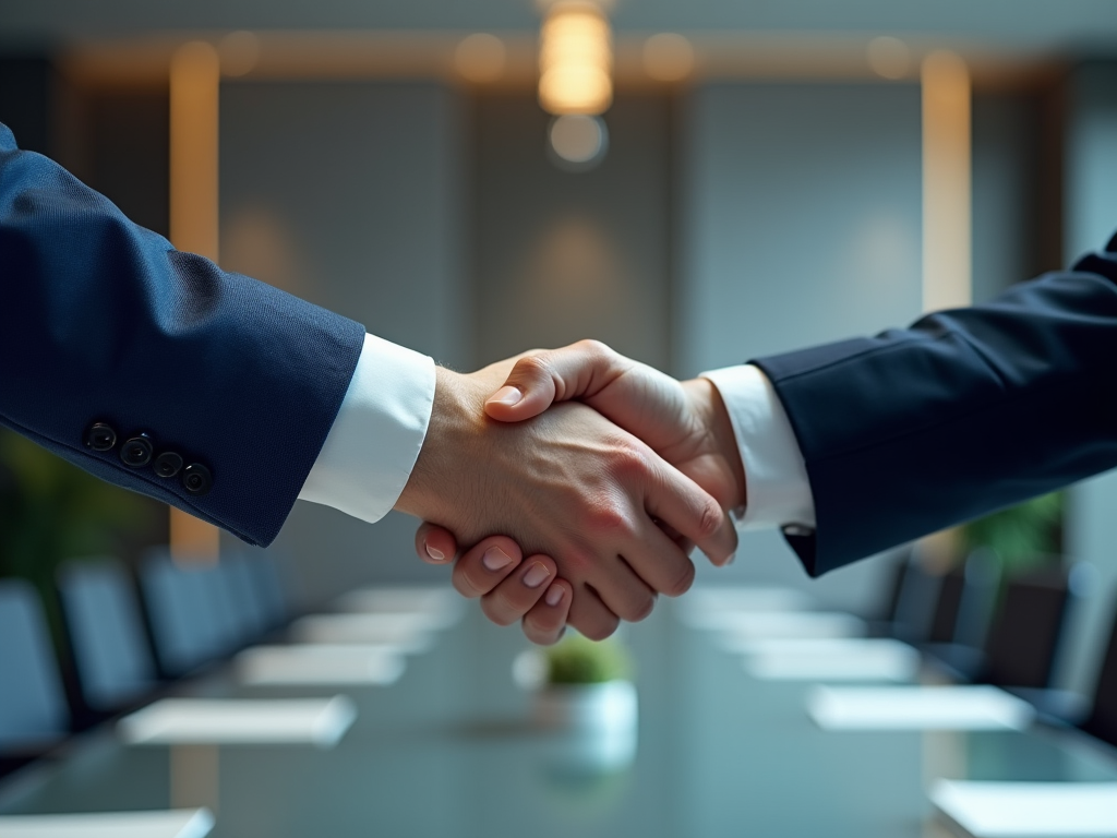 Two people in suits shaking hands over a conference table in an office setting.